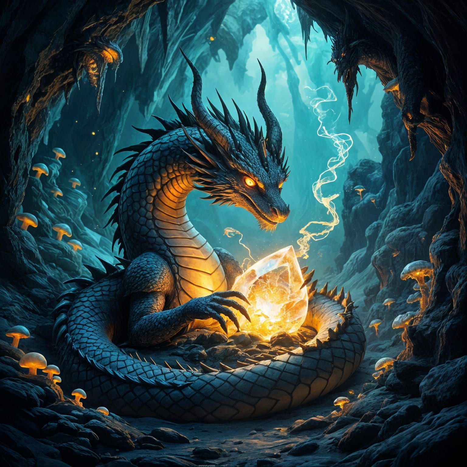 Ancient Obsidian Dragon Guards Ethereal Crystal in Biolumine...