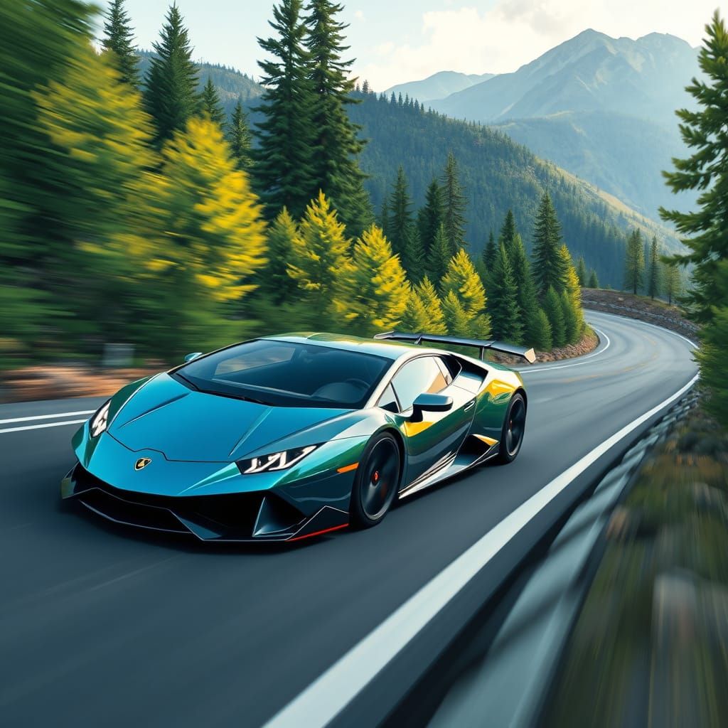 Sleek Sports Car Zooms Through Mountain Roads in Vibrant Cyb...