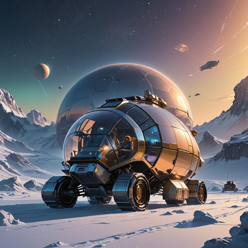 Futuristic Vehicle Exploring Icy Pluto in Concept Art