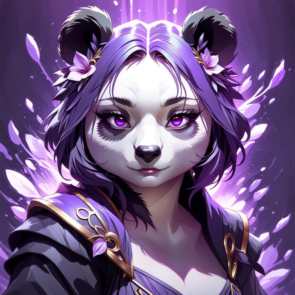 Sensual Purple Panda Portrait in Art Nouveau Style