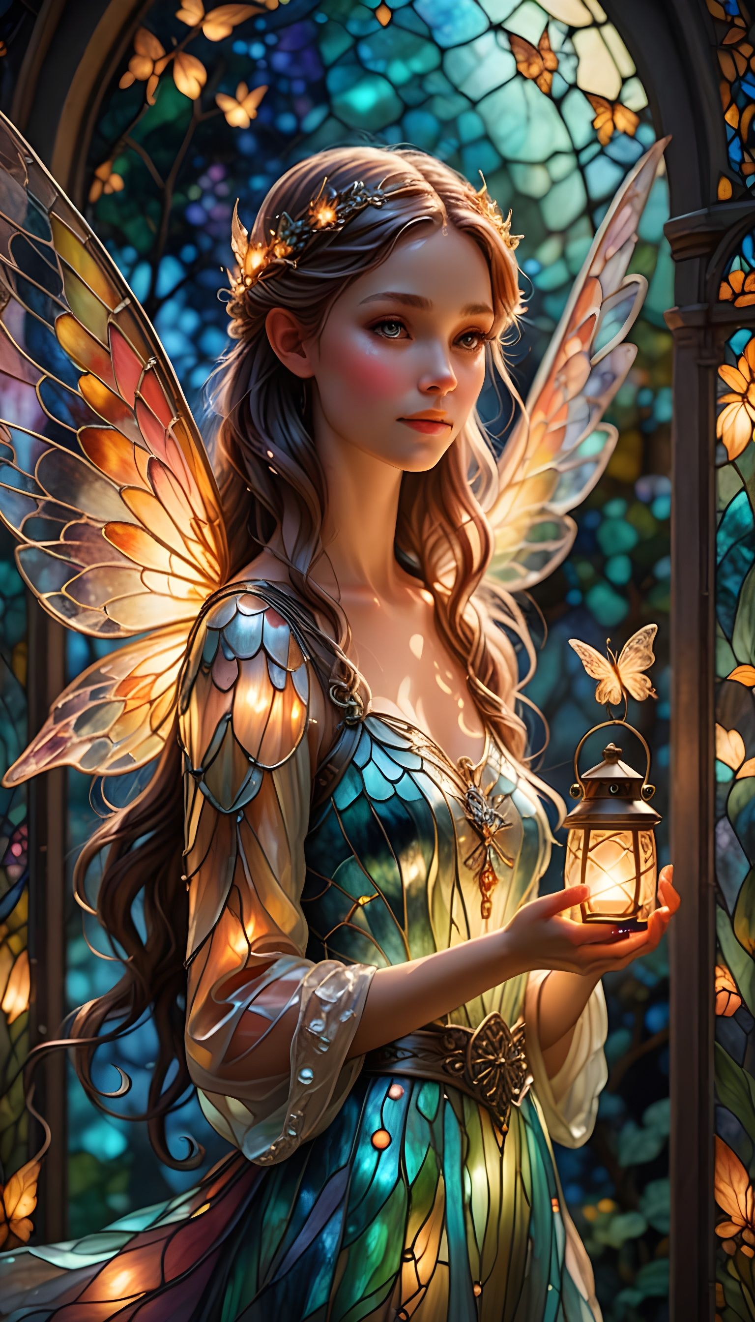 Fairy in Stained Glass Gown Holding Lantern