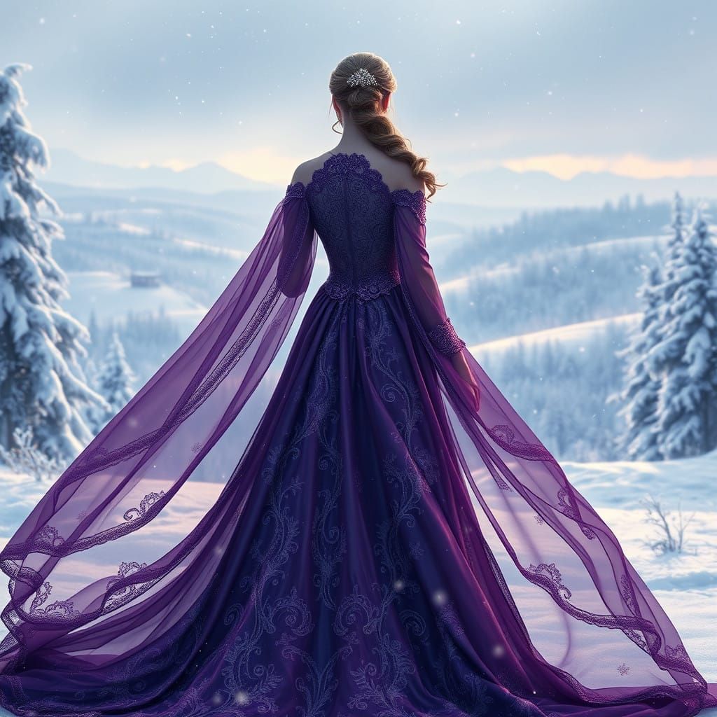 Regal Woman in Lavish Purple Gown Amid Snowy Landscape