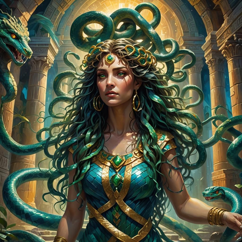 Medusa in Mystical Temple: Vibrant Oil Painting