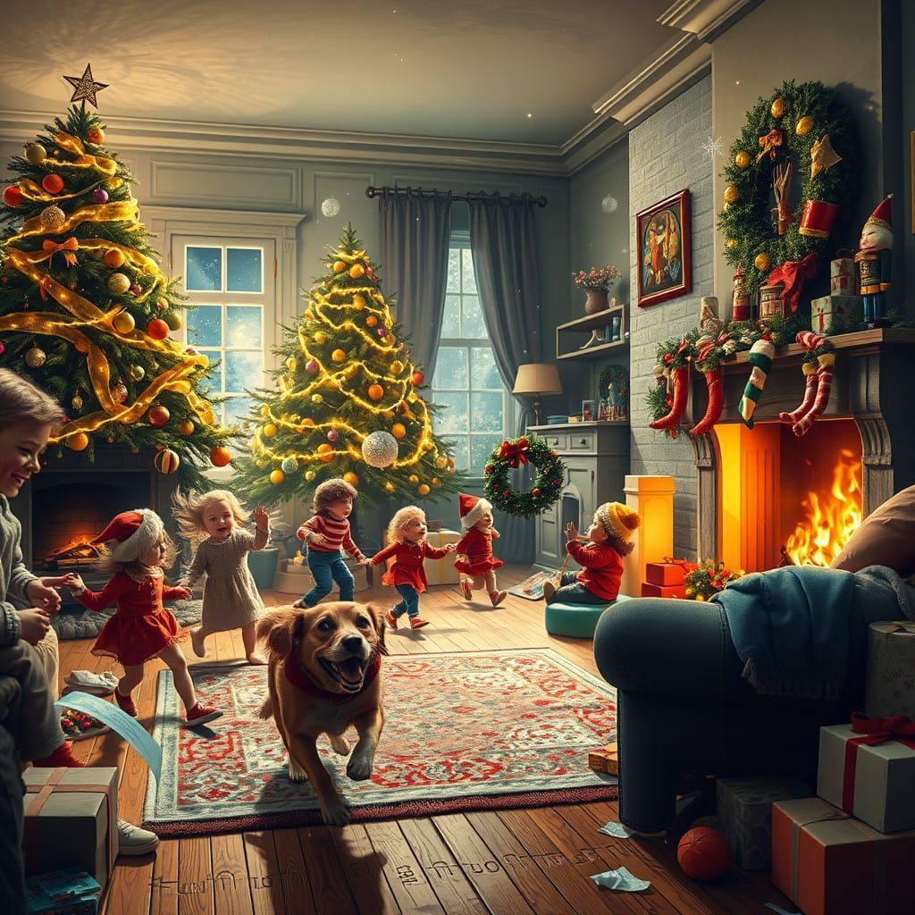 Vibrant Festive Chaos in a Holiday Living Room