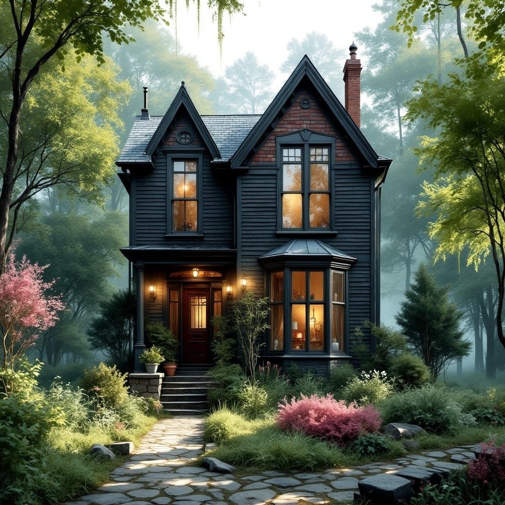 Victorian Cottage in Lush Forest, Detailed Matte Painting