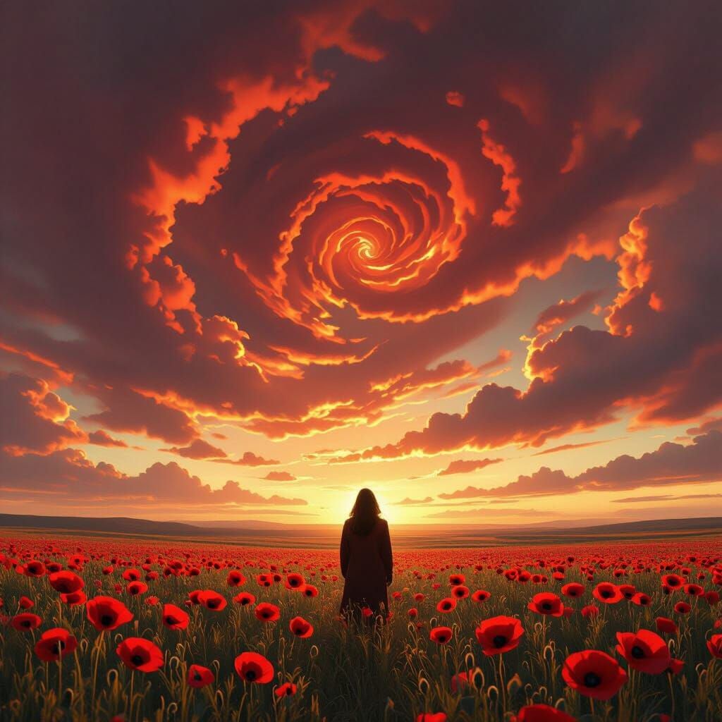 Lone Figure in Fiery Poppy Field: Hyperrealistic Landscape