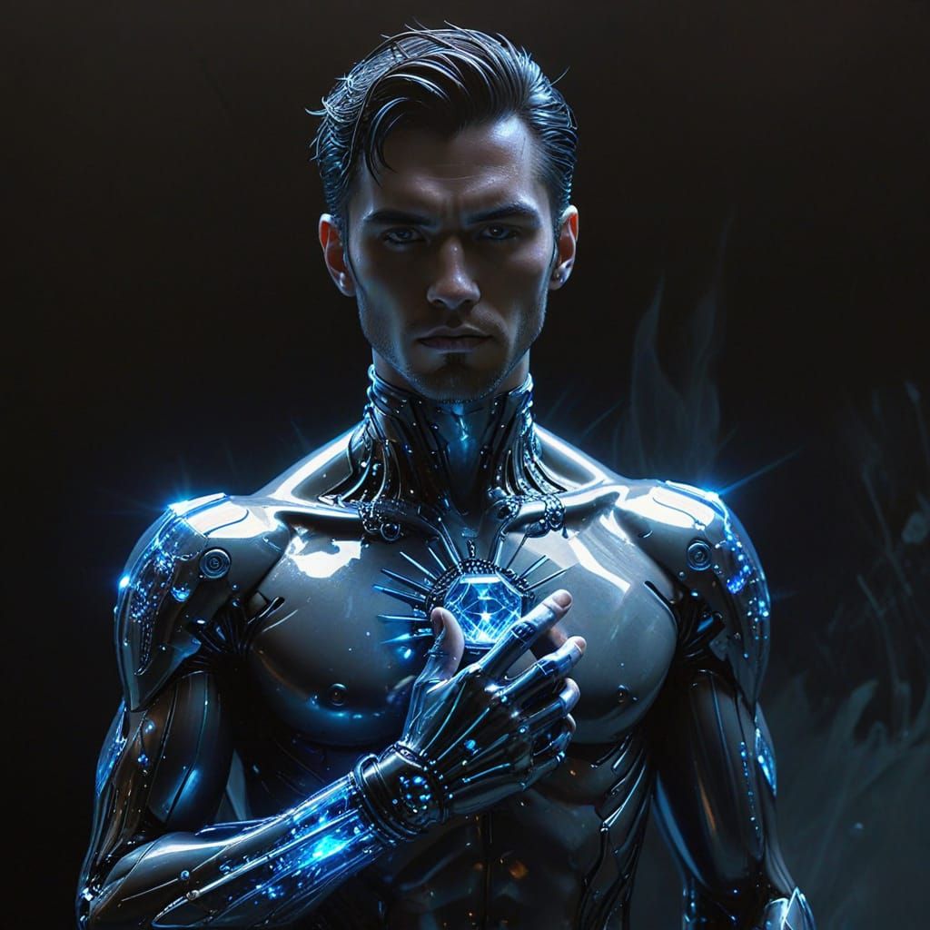 Cyberpunk Keeper with Radiating Crystal in Chest