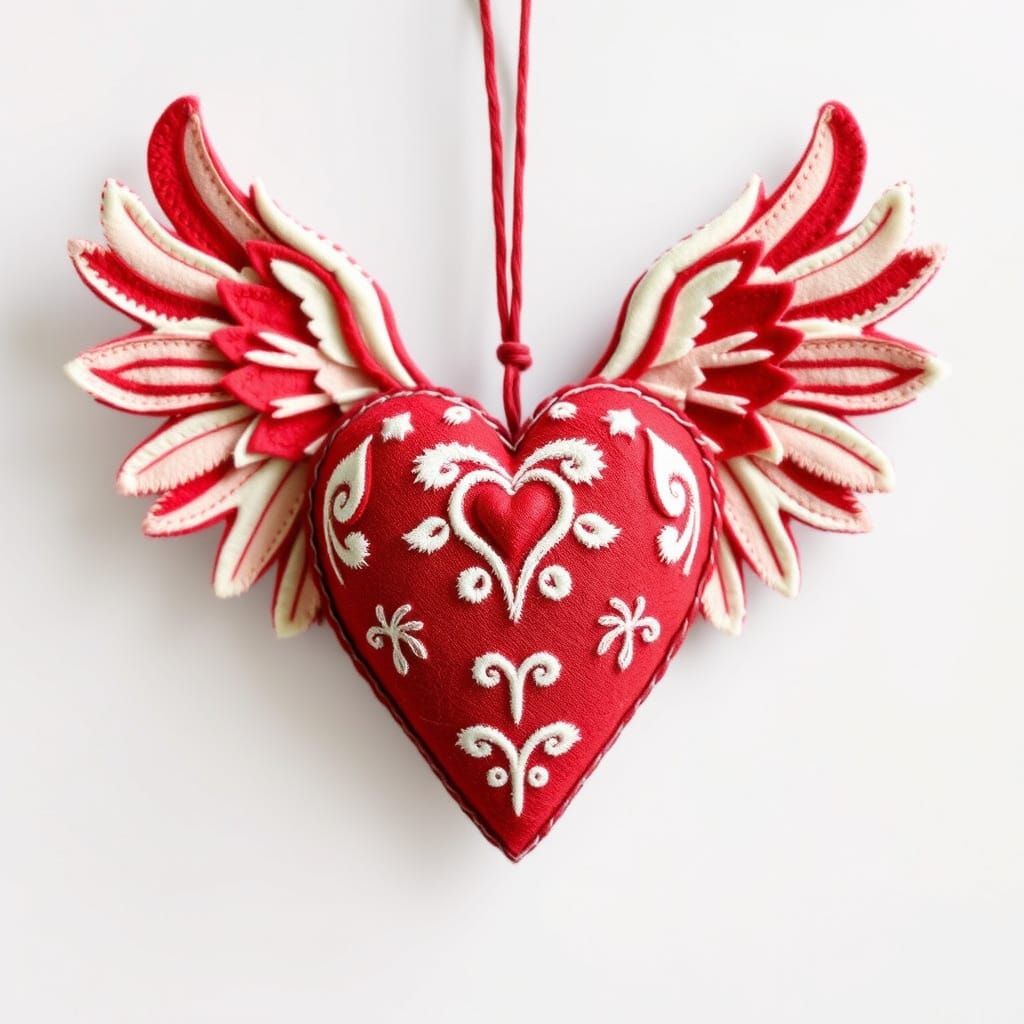 Felt Heart with Wings in Intricate Detail