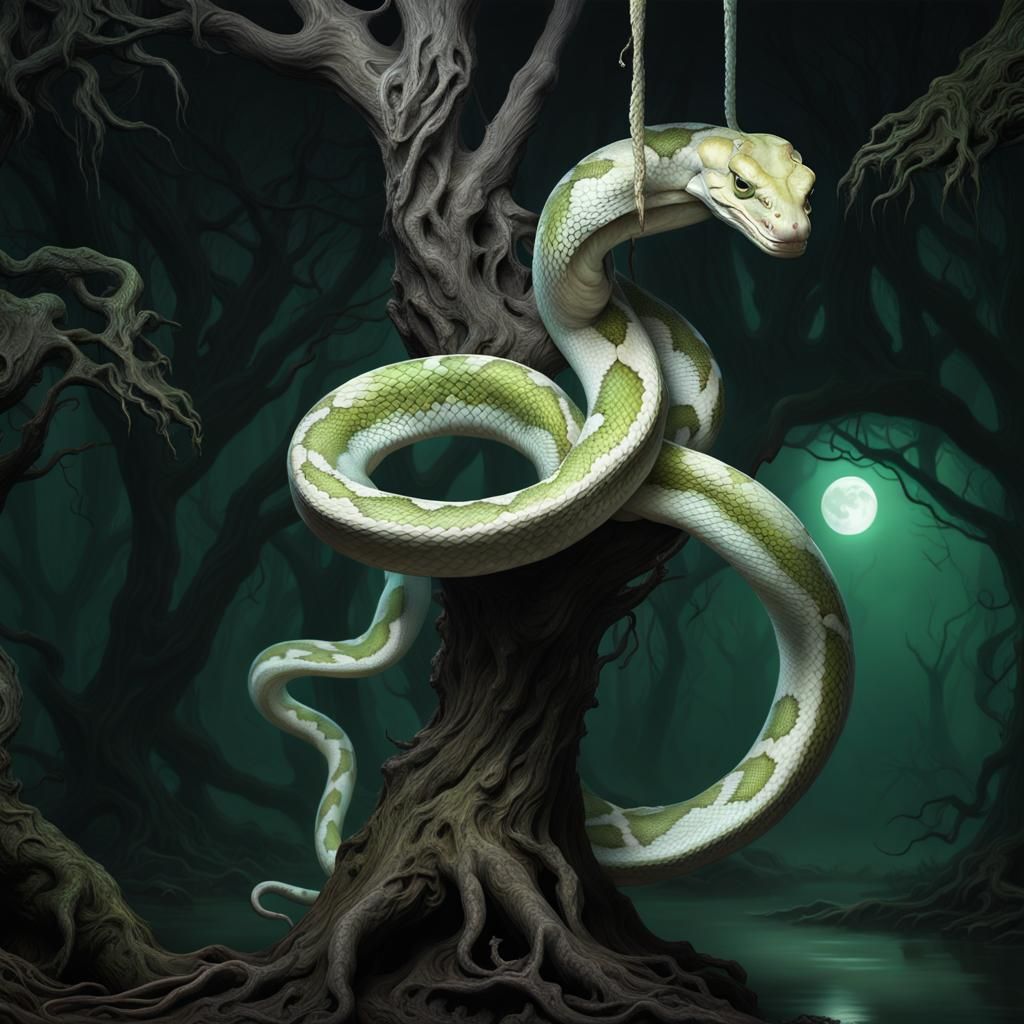 Eerie Albino Python in Moonlit Swamp