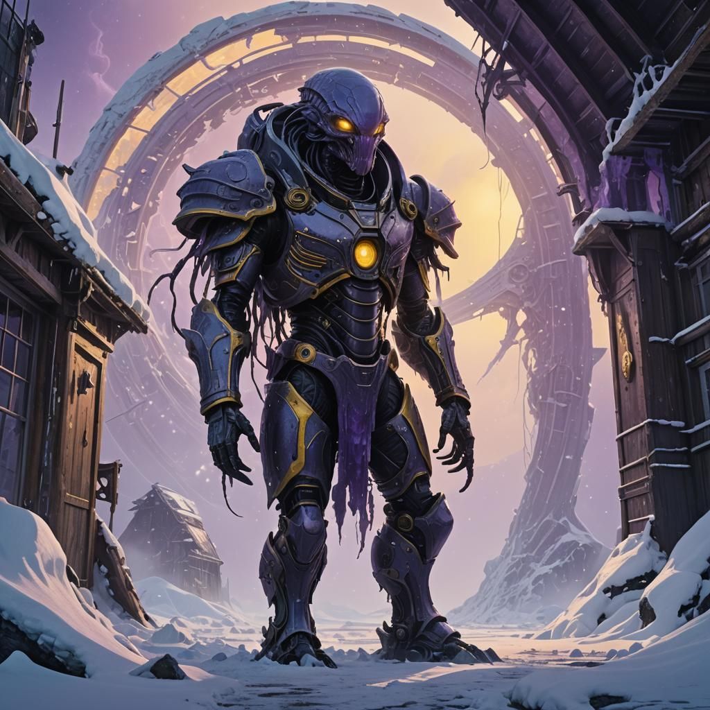 Elite Alien Hunter in Icy Dark Fantasy Art
