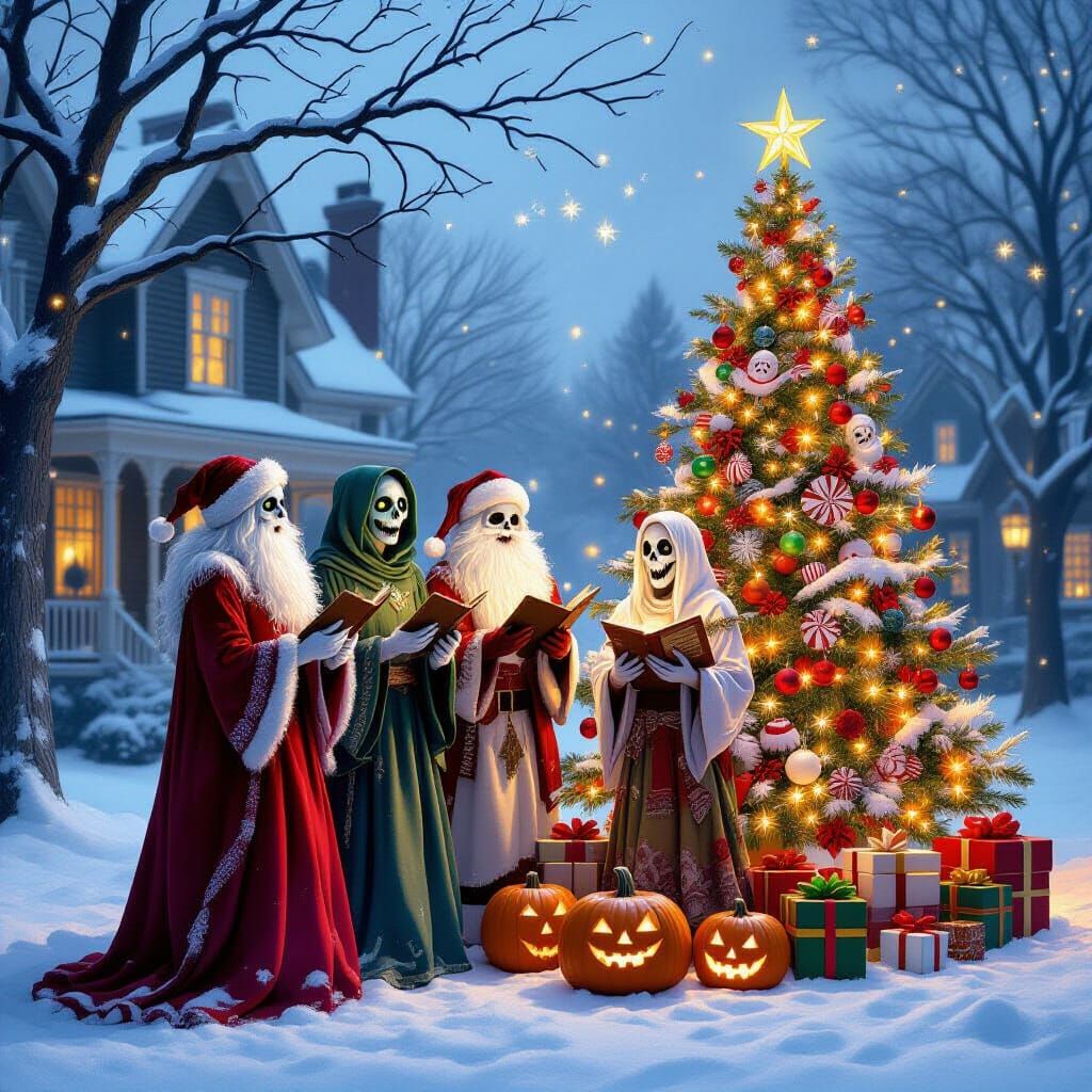 Undead Carolers Haunt Festive Halloween Christmas Scene