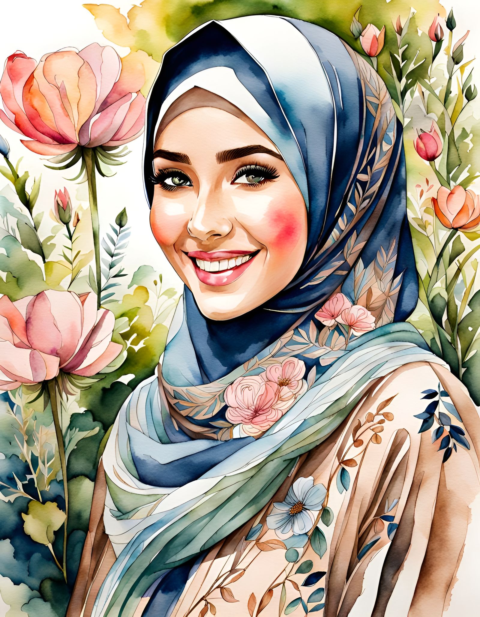 Elegant Woman in Hijab: Watercolor Ink Drawing