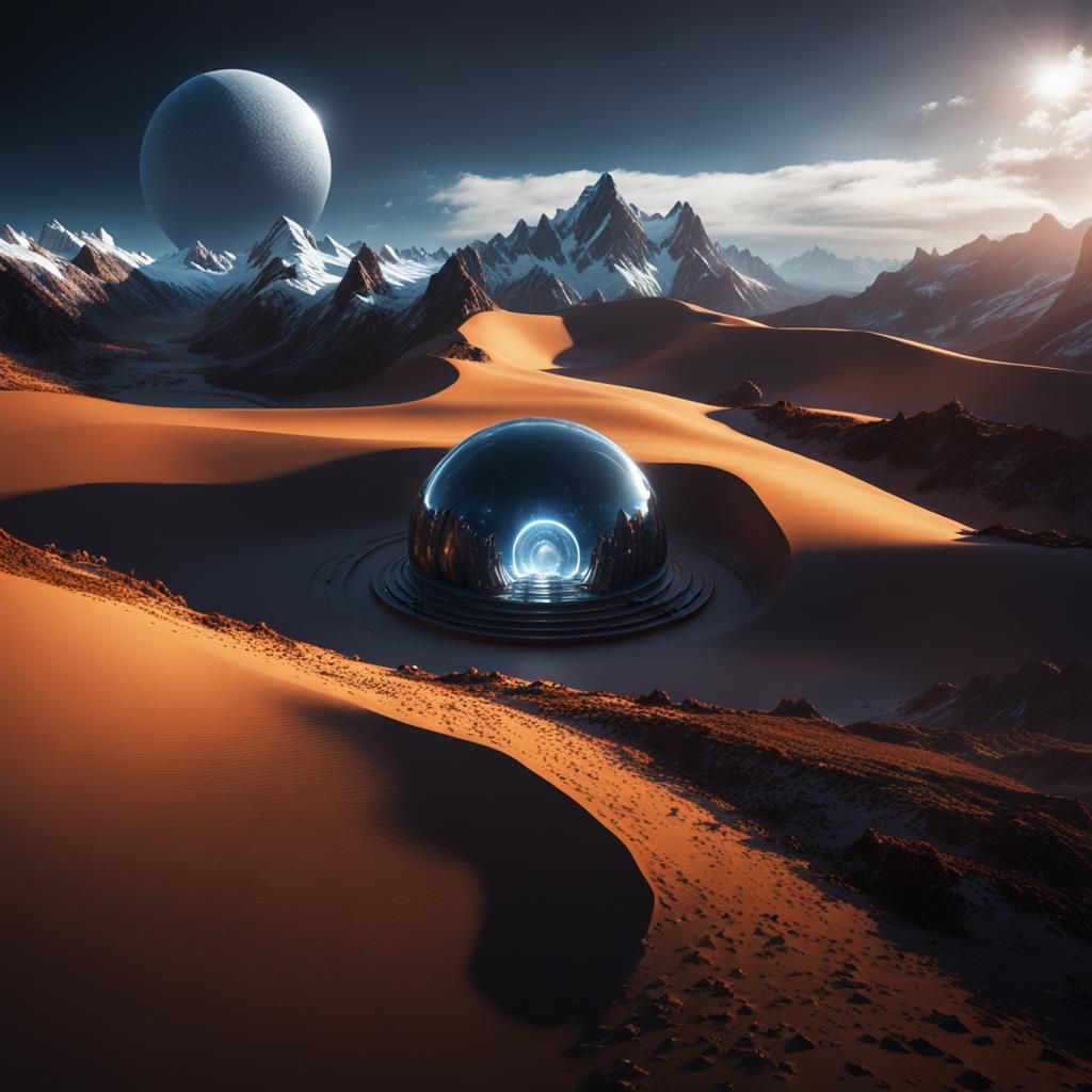 Bright Glass Dome in Dark Valley: Matte Painting