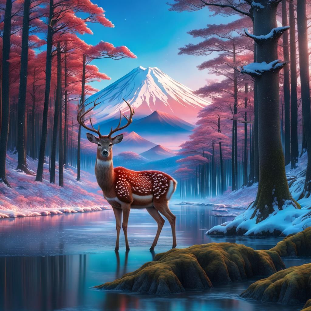 Northern spotted deer, Mount Fuji