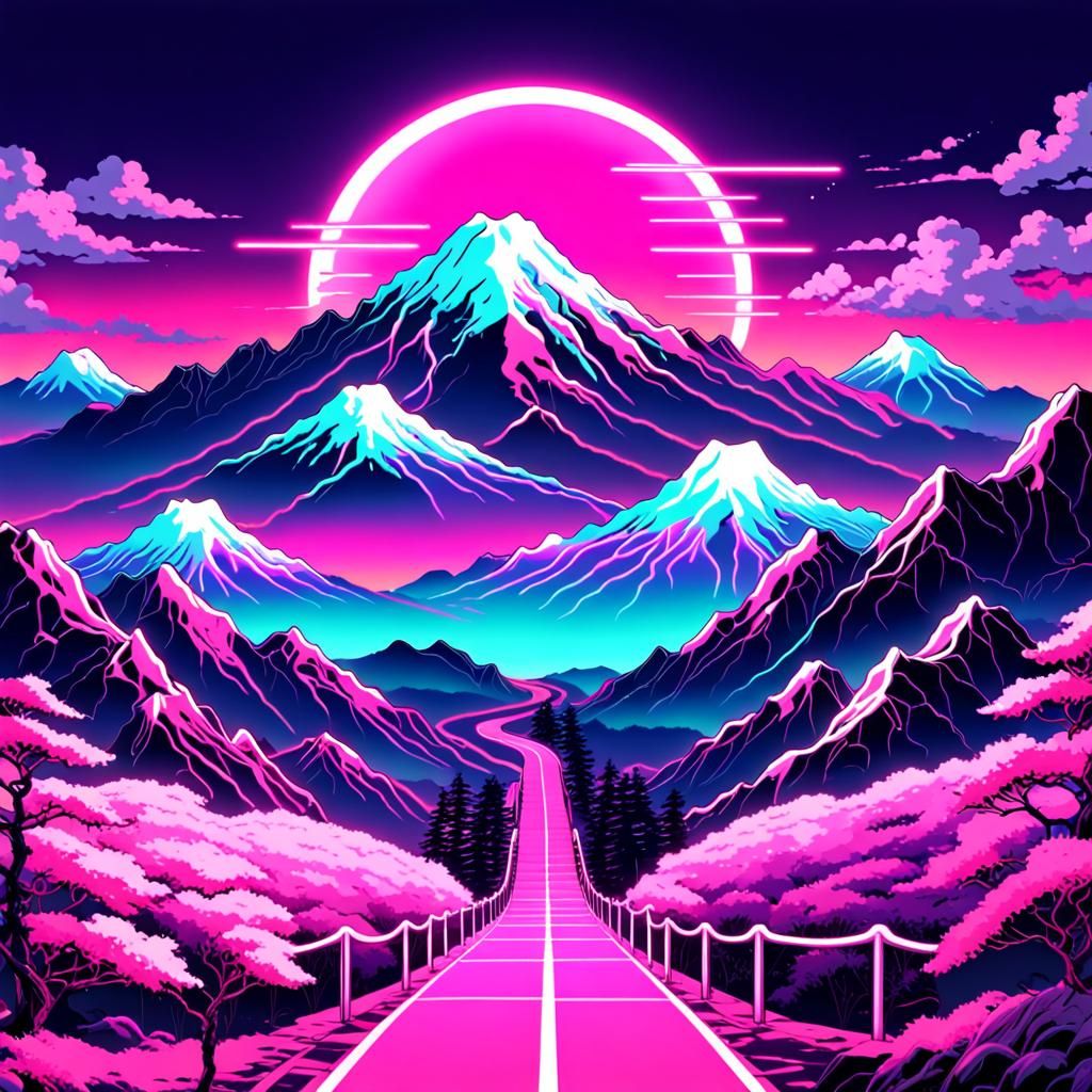 Neon Vaporwave Mountain Path in Japan
