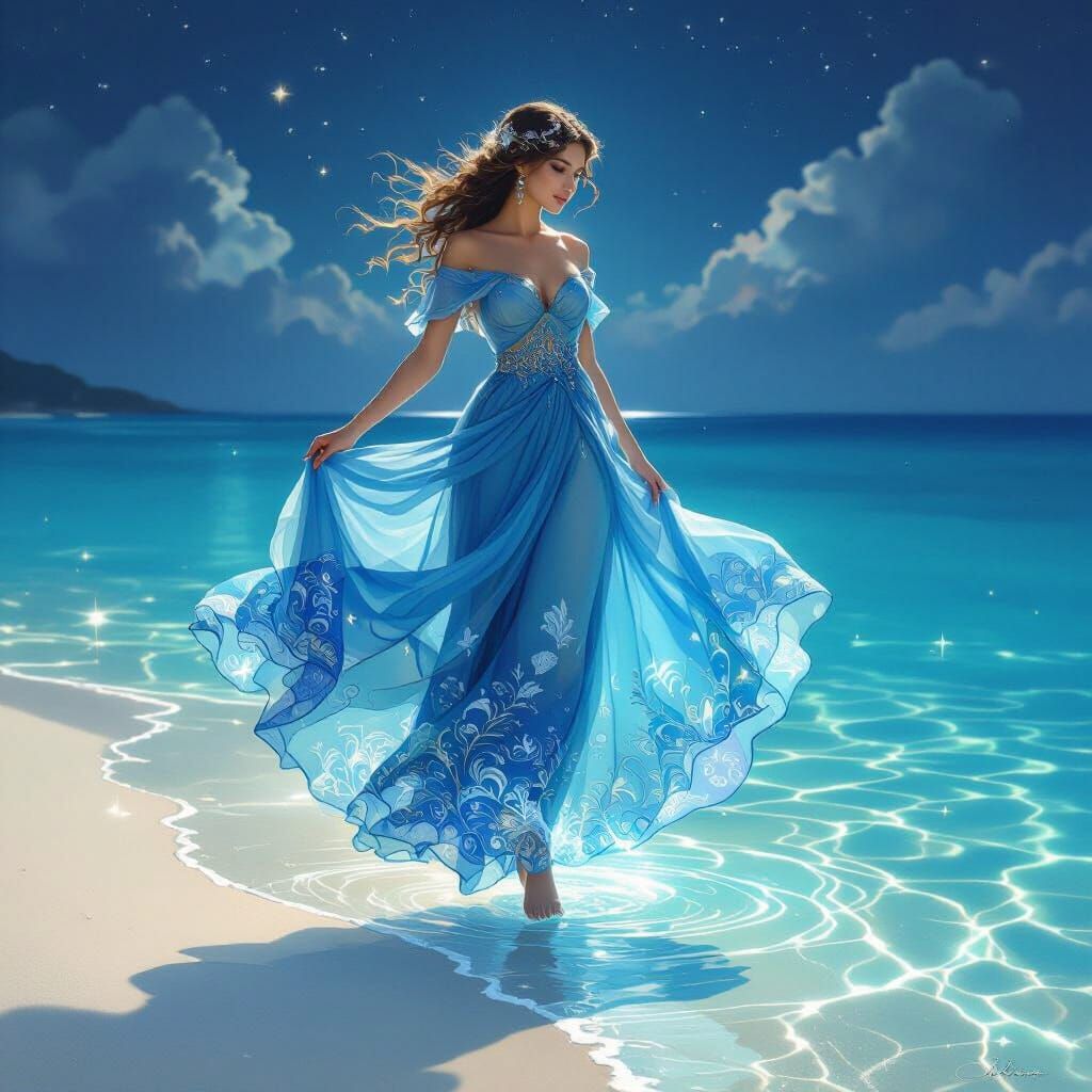 Ethereal Woman Hovers Over Crystal Sea in Fantasy Art Style