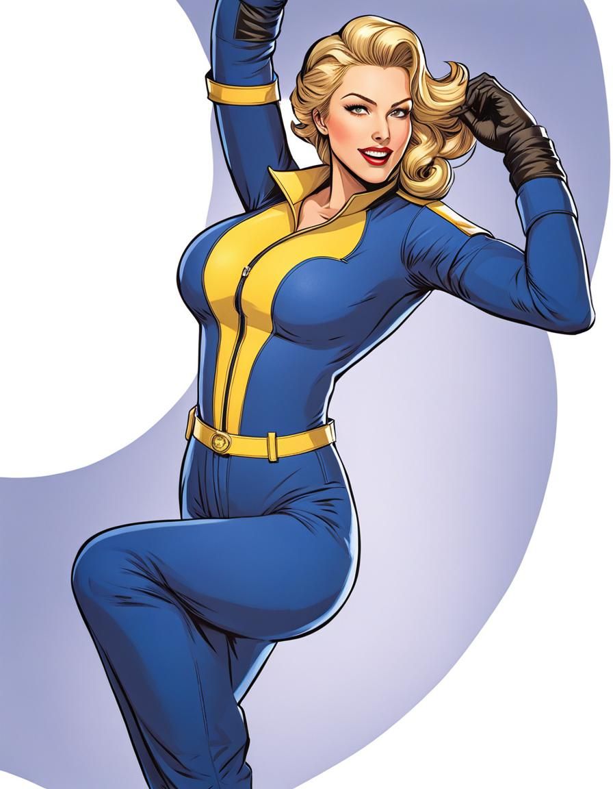 An illustration of a woman wearing a Vault-Tec jumpsuit