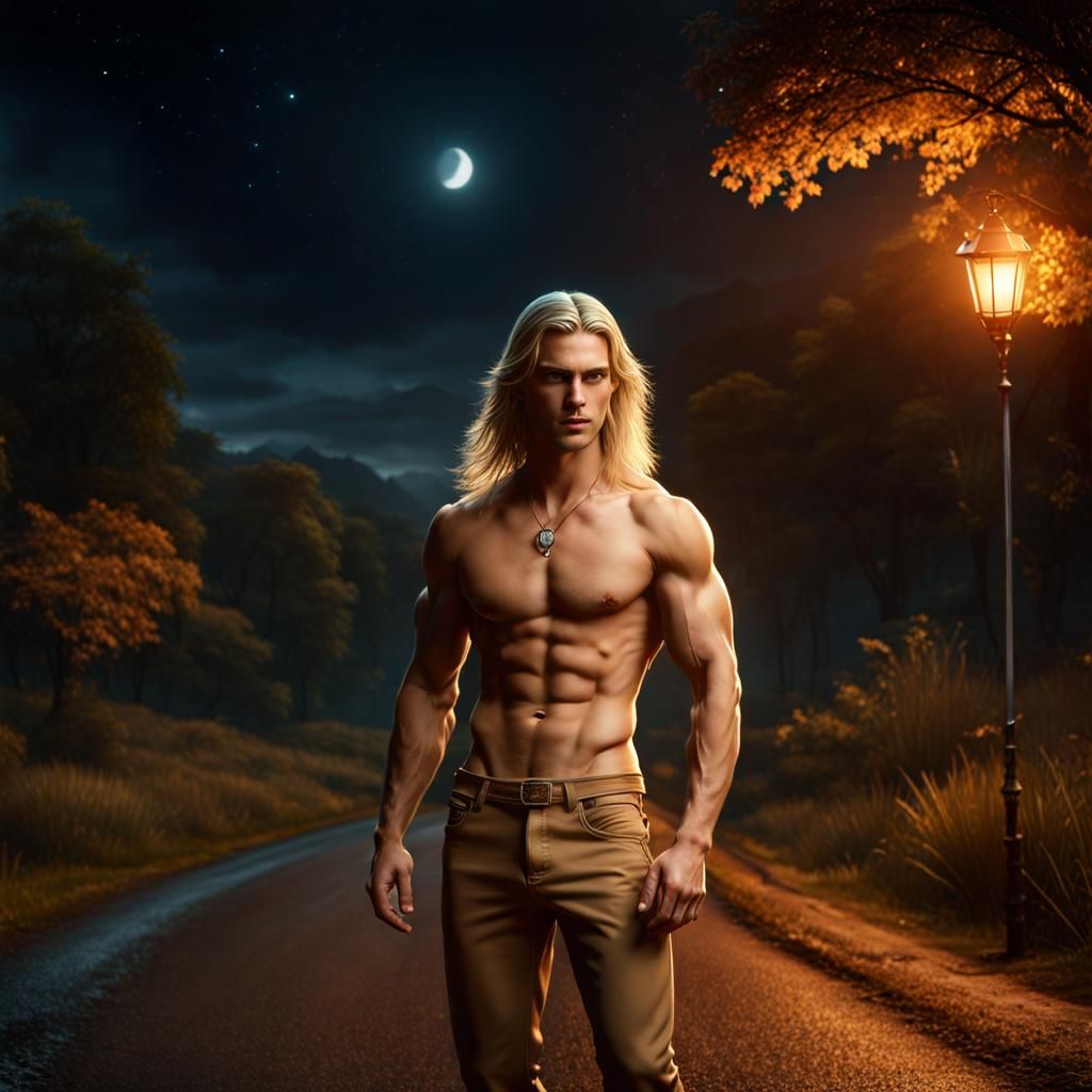 Blond Man on Country Road: Detailed Matte Painting