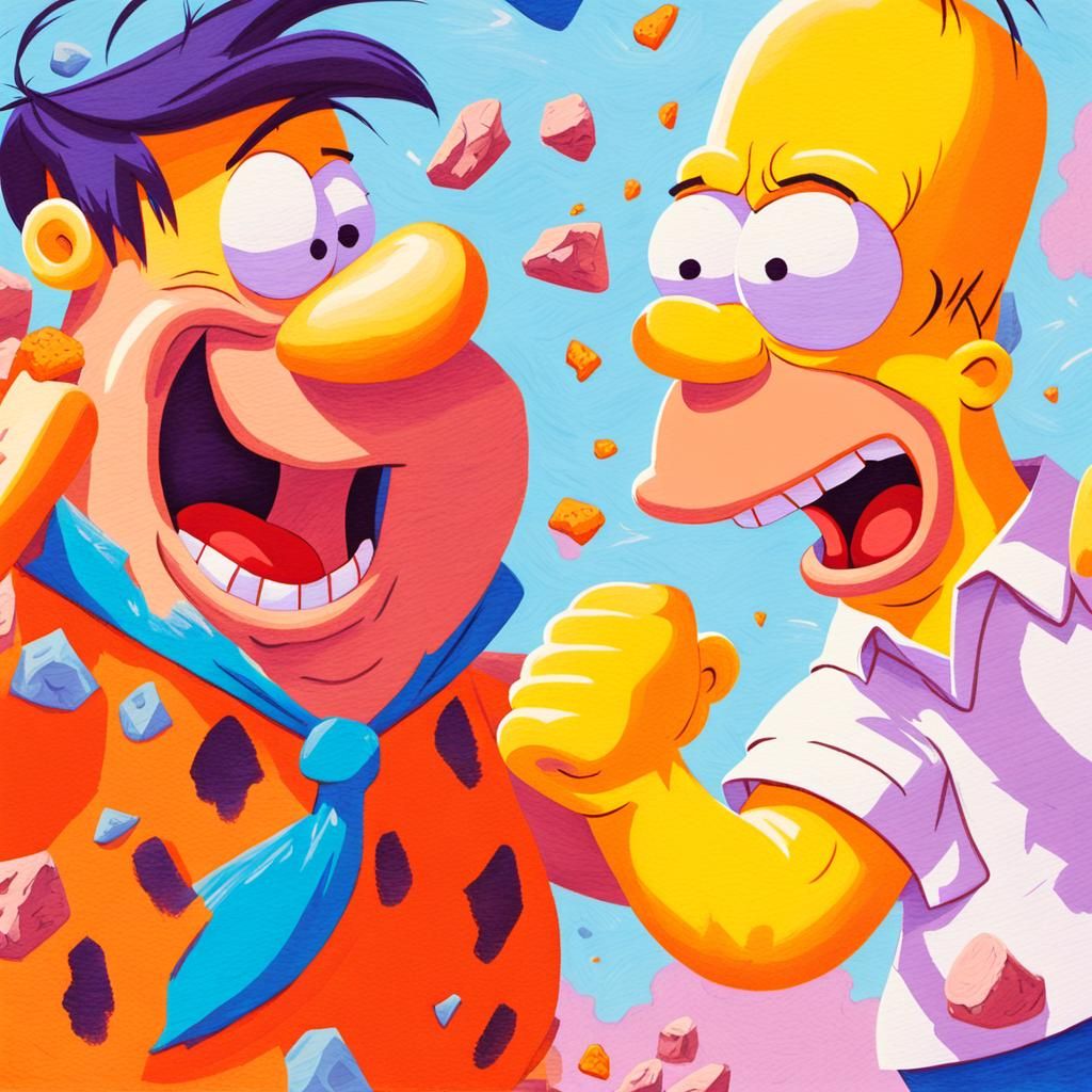 Soft pastel colors. Medium shot. Fred Flintstone and Homer Simpson engaging in a comedic fight. Close up. Whimsical illu...
