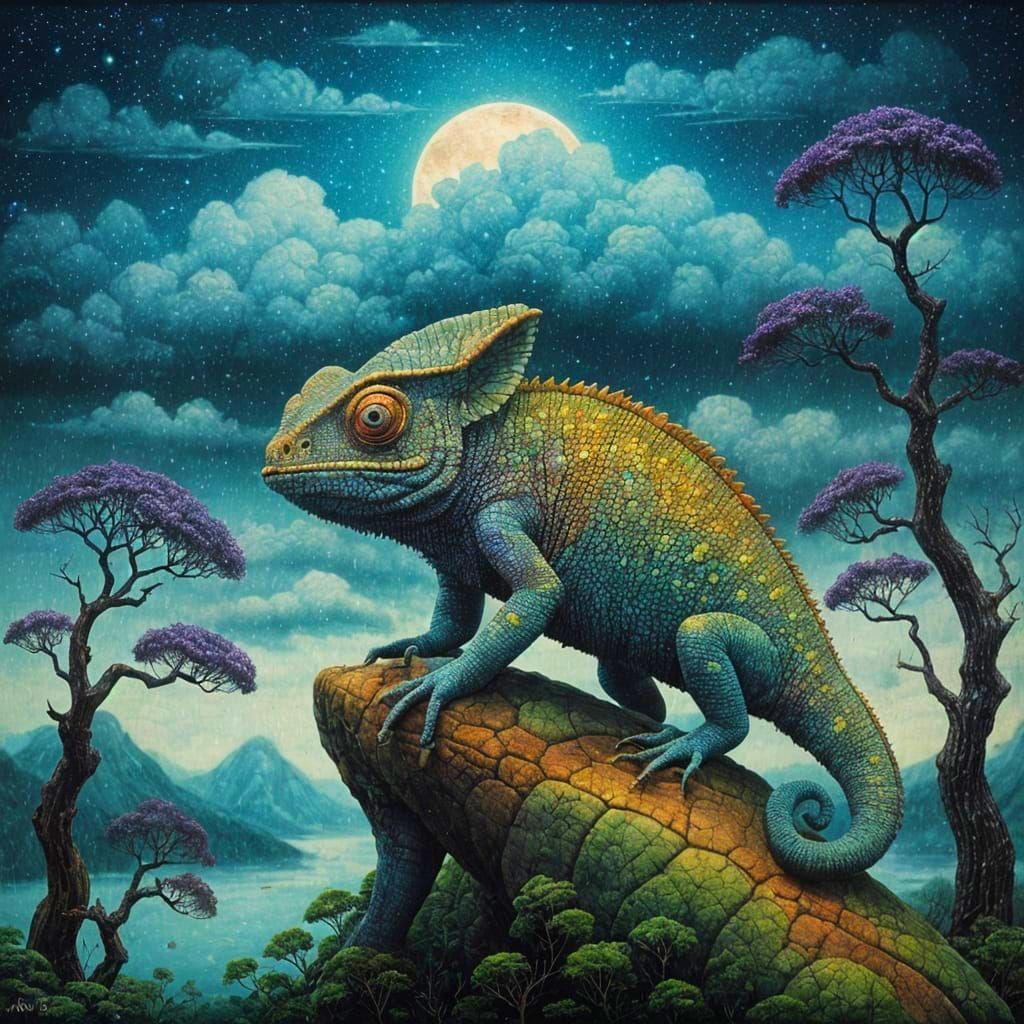 Chameleon in Pointillist Japanese Horror Style