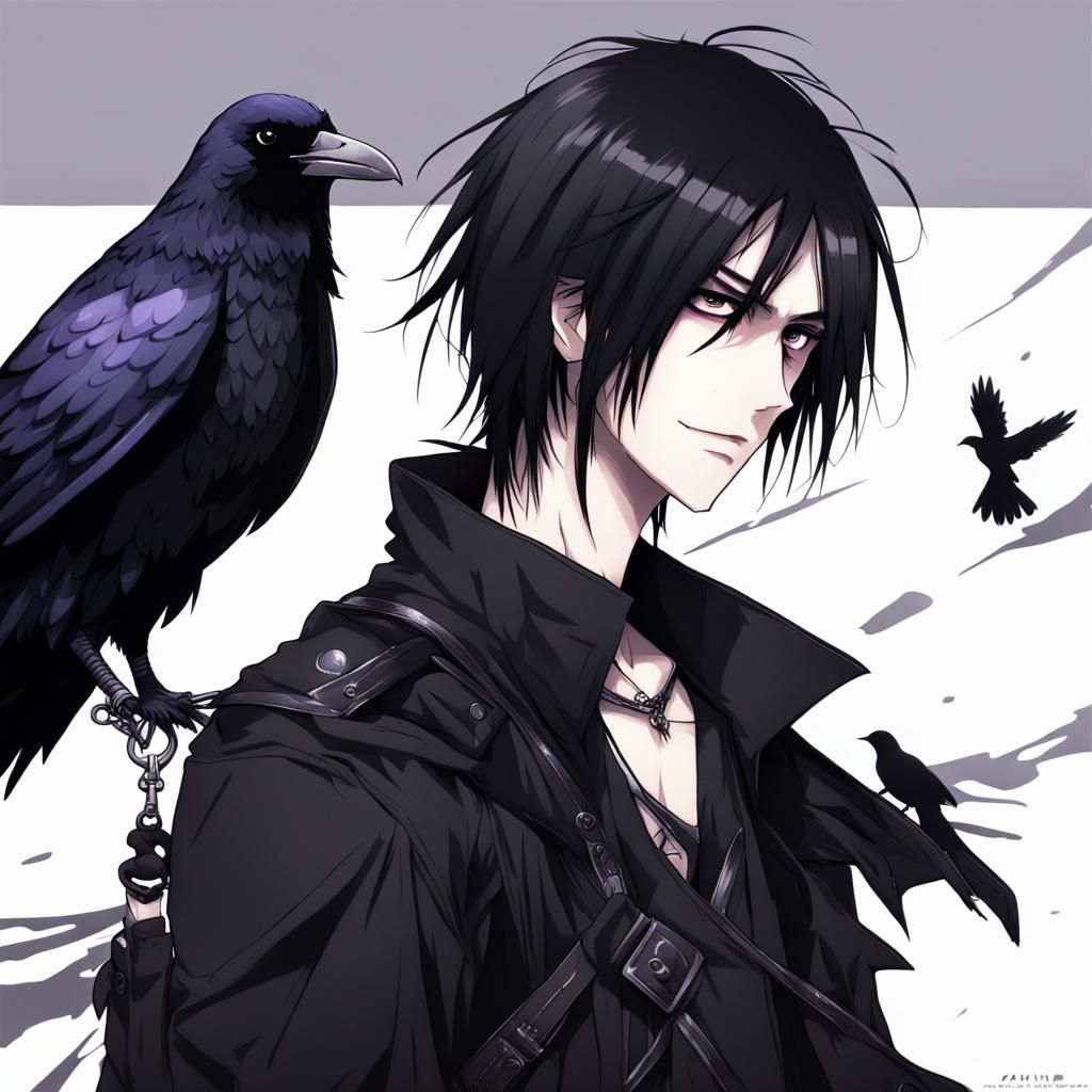 Goth Emo Man with Raven, Anime Style