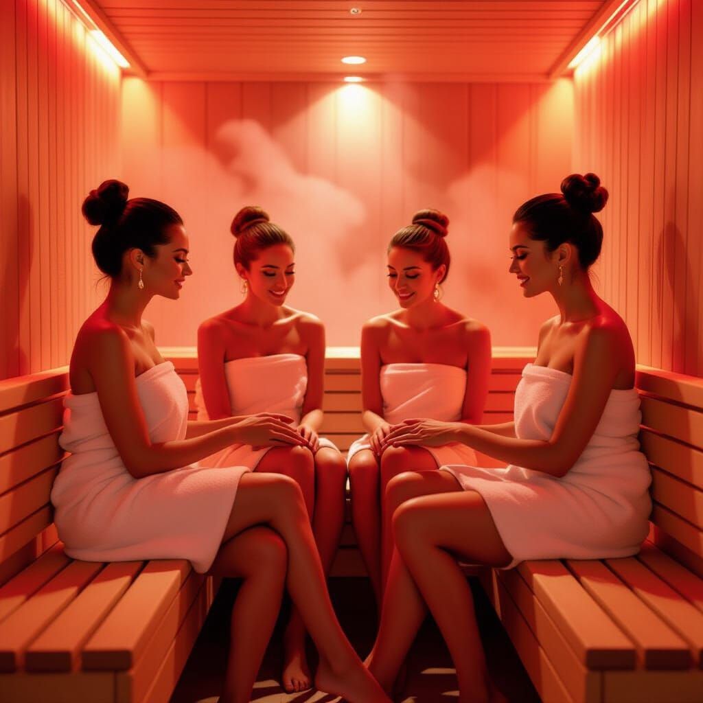 Elegant Women in Red-Lit Sauna: Cinematic Spa Scene
