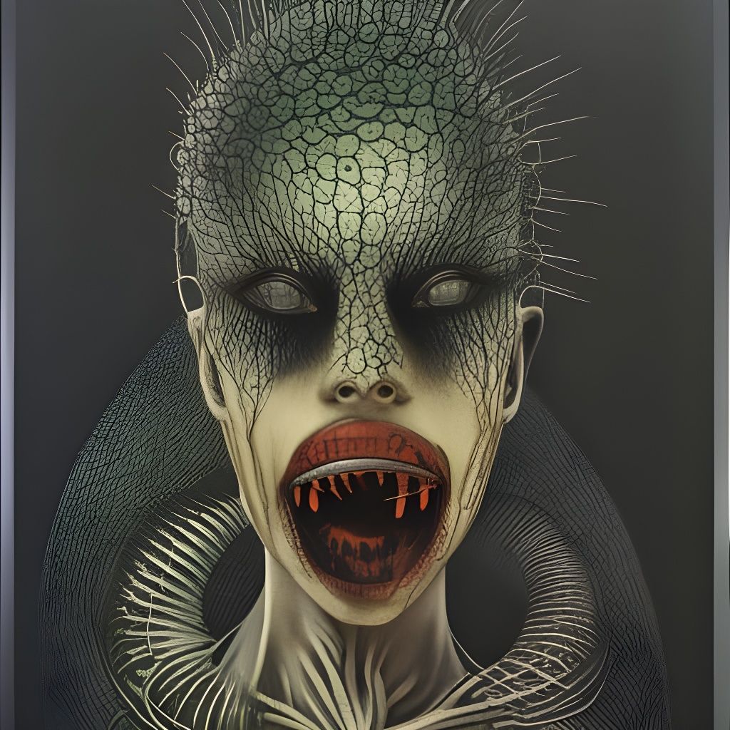 Surreal Woman with Centipede Mouth in Mixed Media