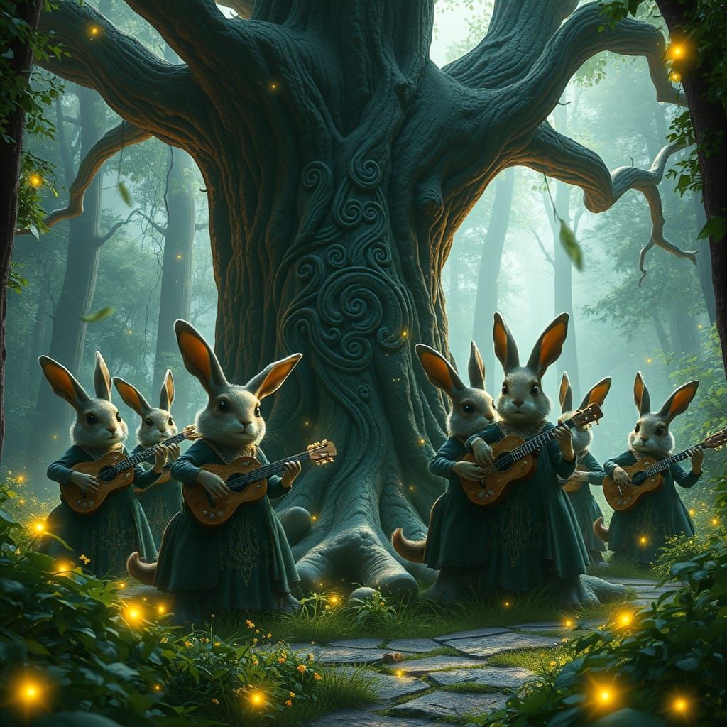 Fantastical Rabbits in Vibrant Forest Concert