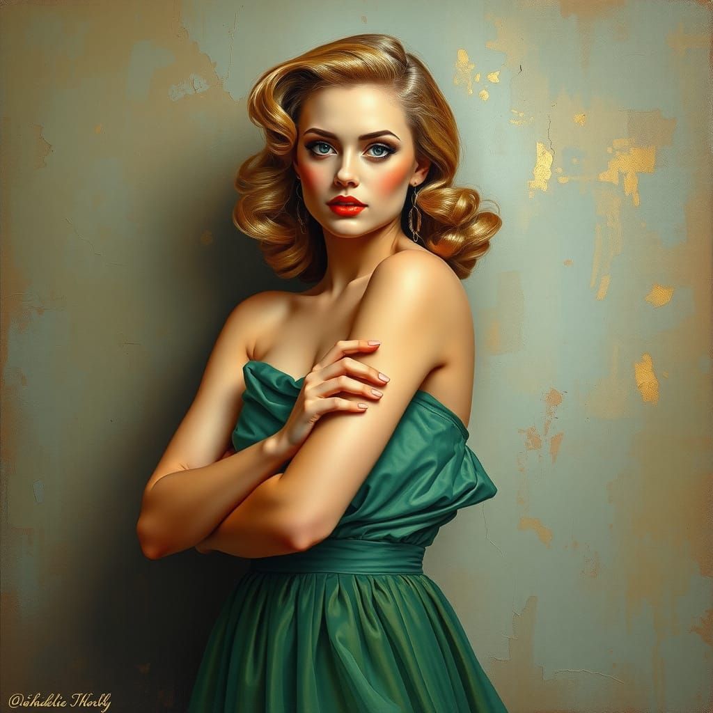 1950s Pin-Up Woman in Art Nouveau Style