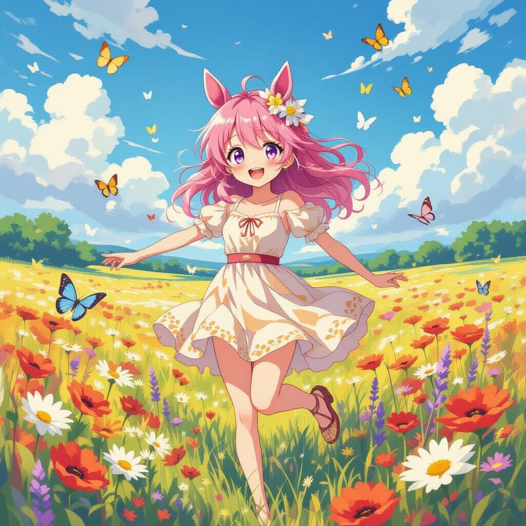 Anime Girl Dancing in Flower Meadow with Horse Ears