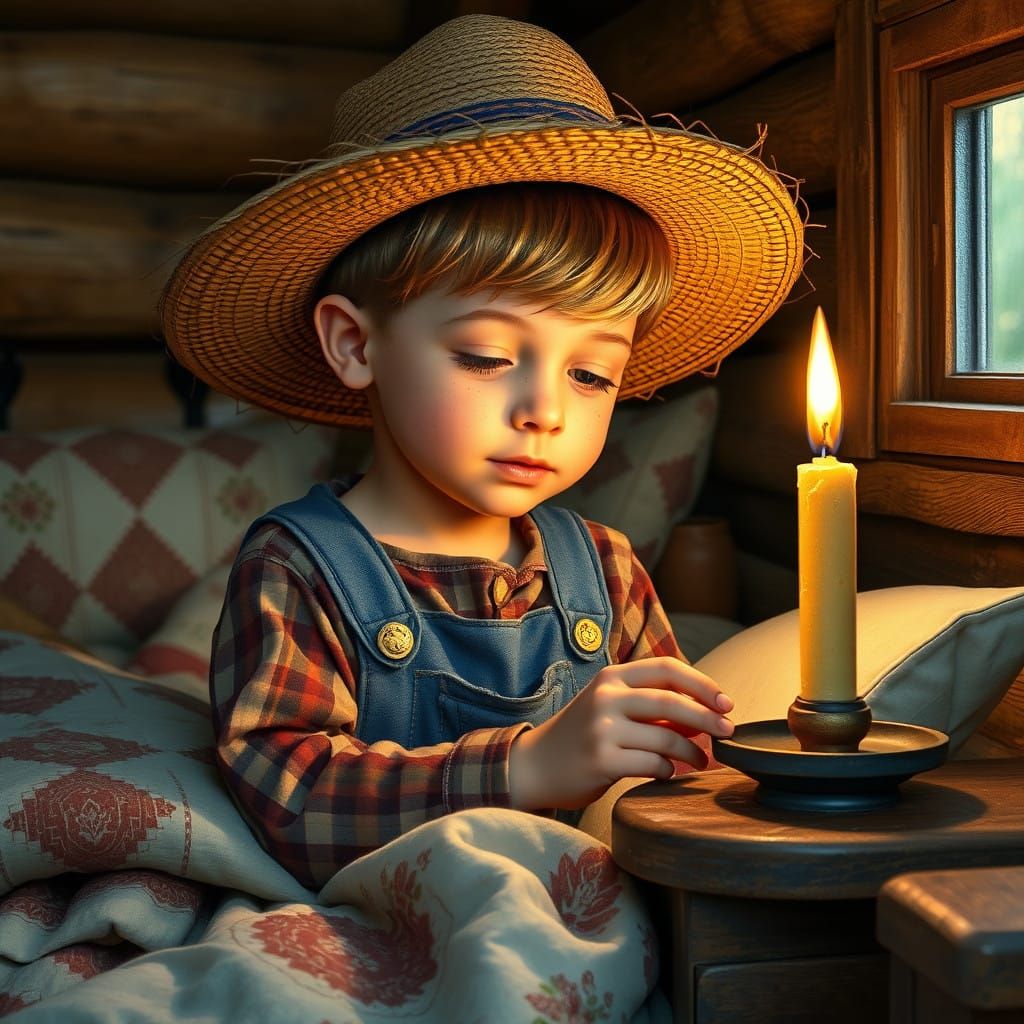 Rustic Boy Places Tooth Under Pillow in Cozy Cabin