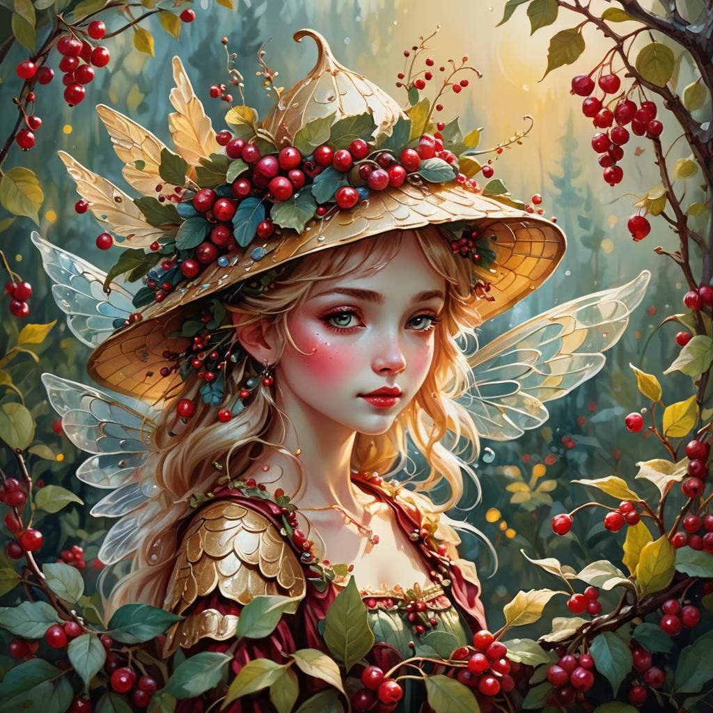 Fairy Picking Cranberries in Dreamy Forest: Oil Painting