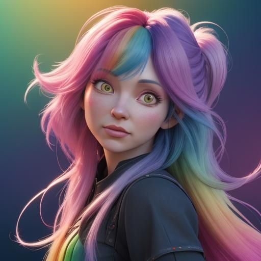 Rainbow Haired Girl in Pixar-Inspired 3D Art
