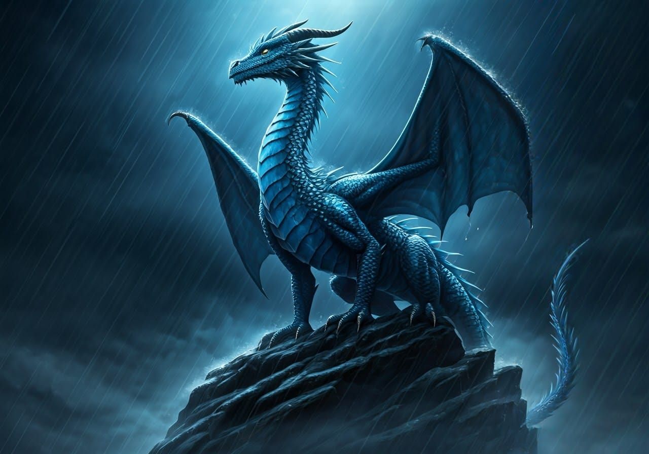 Blue Dragon in Rain, Mystical Cinematic Scene