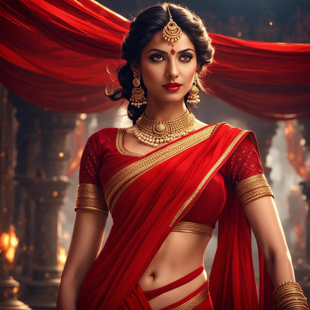 Elegant Woman in Red Saree: Detailed Fantasy Art