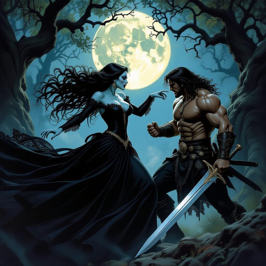 Vampire Assault on Conan-esque Warrior, Fantasy Art