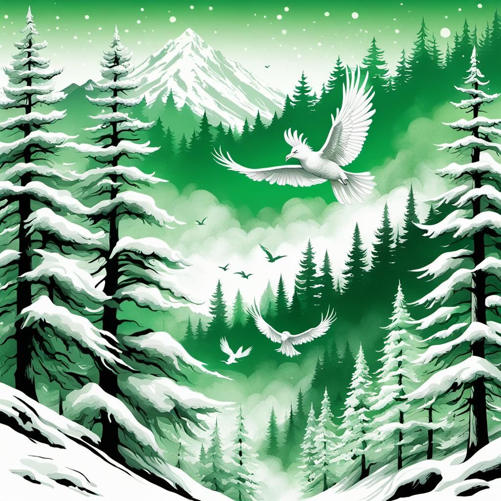 Majestic Phoenix in Snowy Forest: Alcohol Ink Art