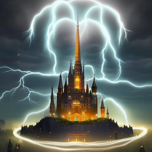 Fantasy City Inside Light Bulb with Thunderstorm