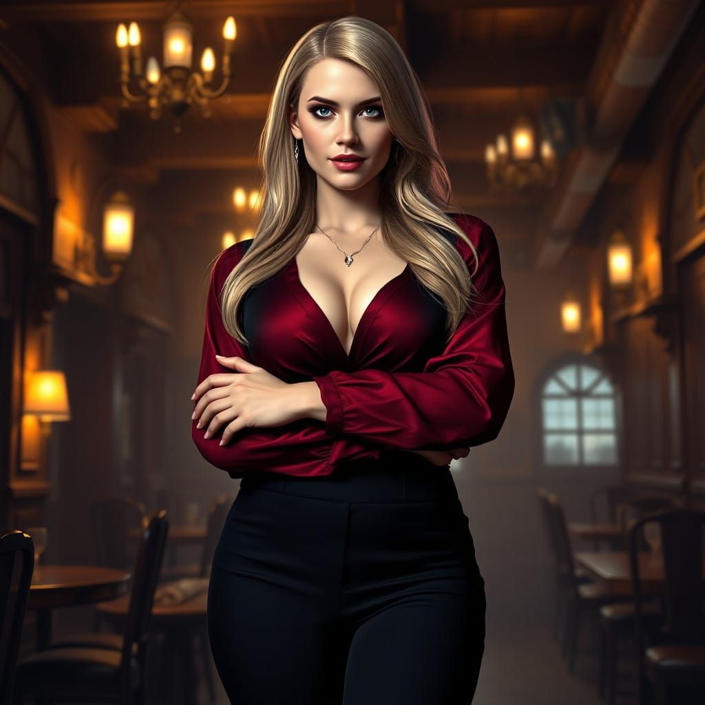 Elegant Young Woman in Mystical Tavern Setting