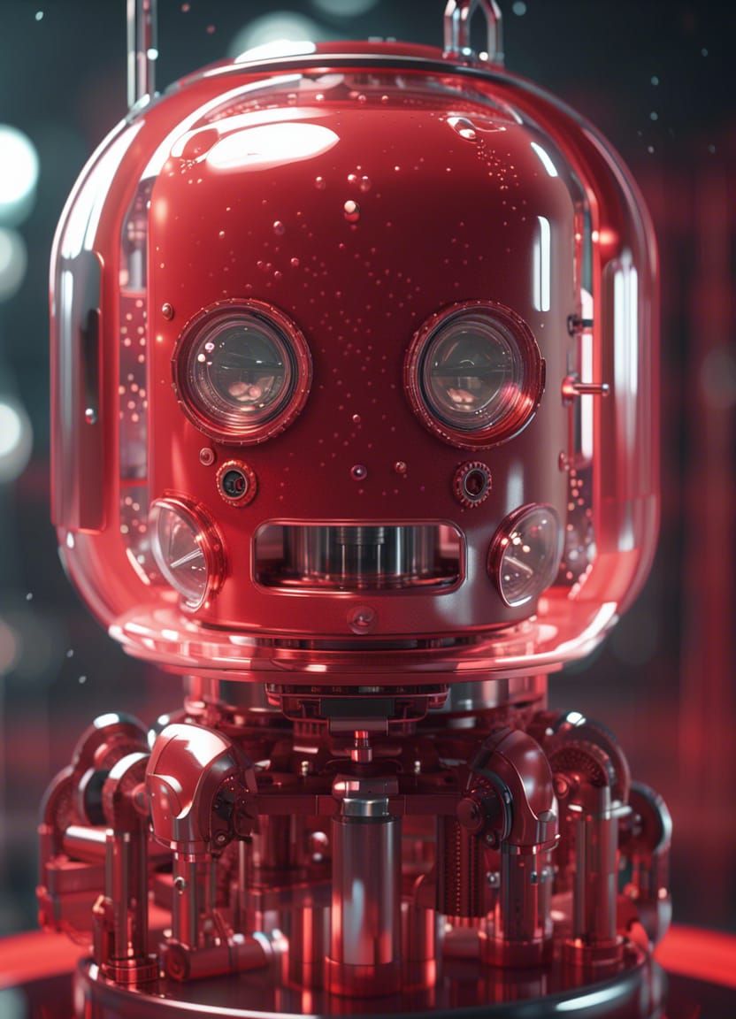 Vintage Red Robot in Futuristic Liquid Cylinder