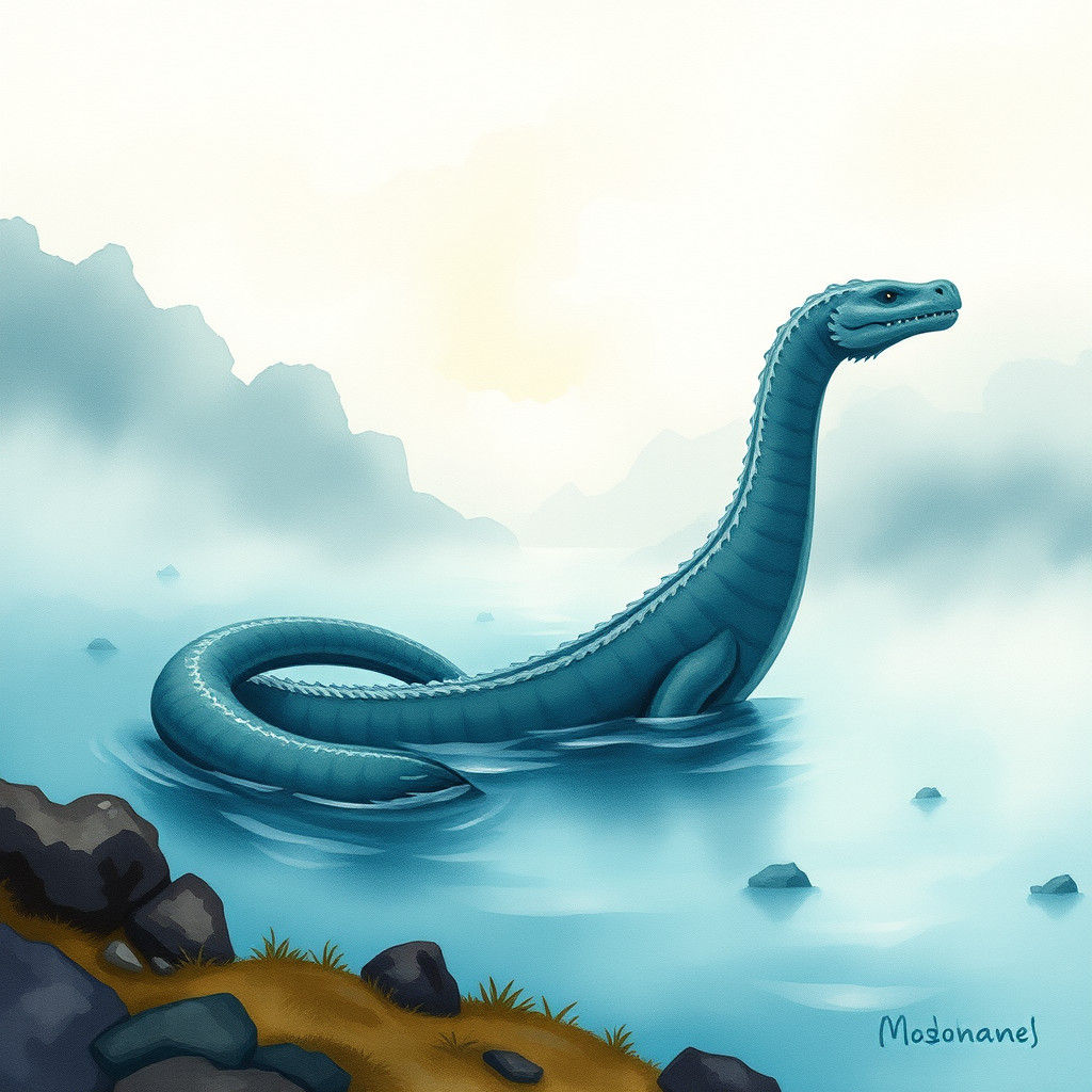 Loch Ness Monster Emerges in Watercolor Dreamscape