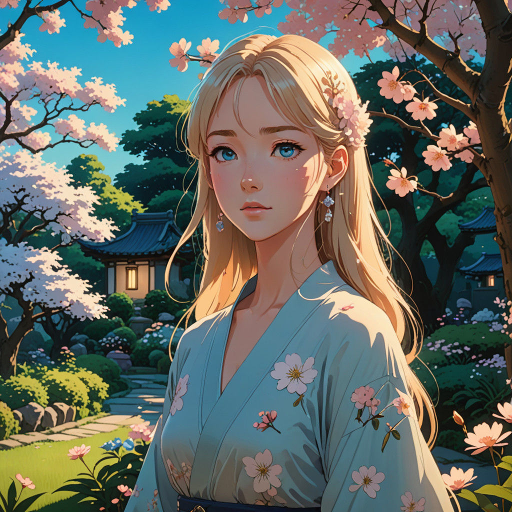 Ghibli-Inspired Anime Girl in Elegant Japanese Garden