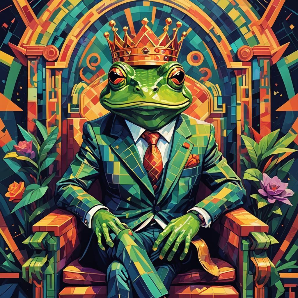 Frog Prince on Throne in Pixel Art Style