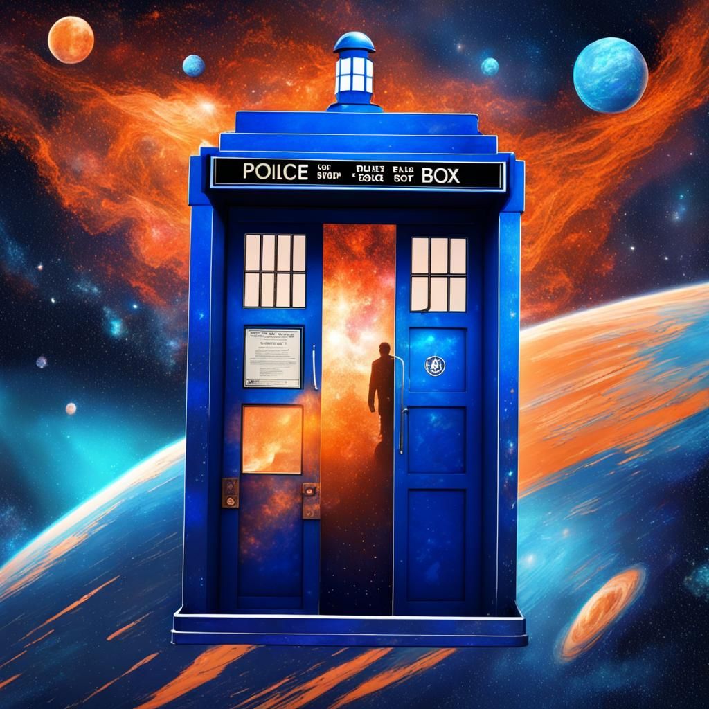 Blue Police Box Drifting Through Orange Space