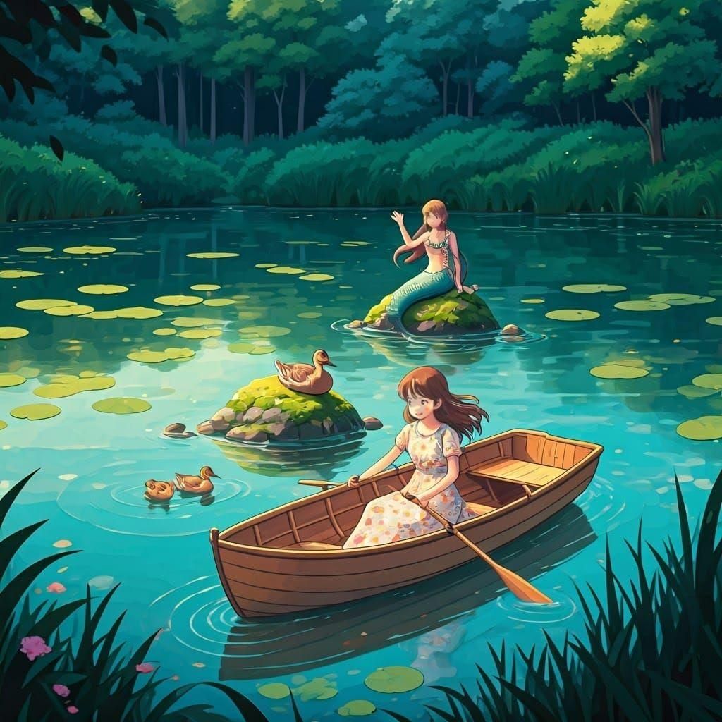 Anime Girl Rows Boat on Lake with Mermaid