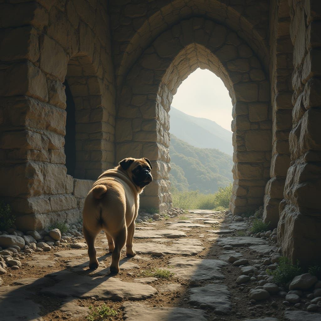 Pug Explores Crumbling Castle Ruins: Realistic Image