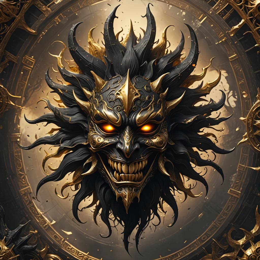 Detailed Black and Gold Demon Sun Mask