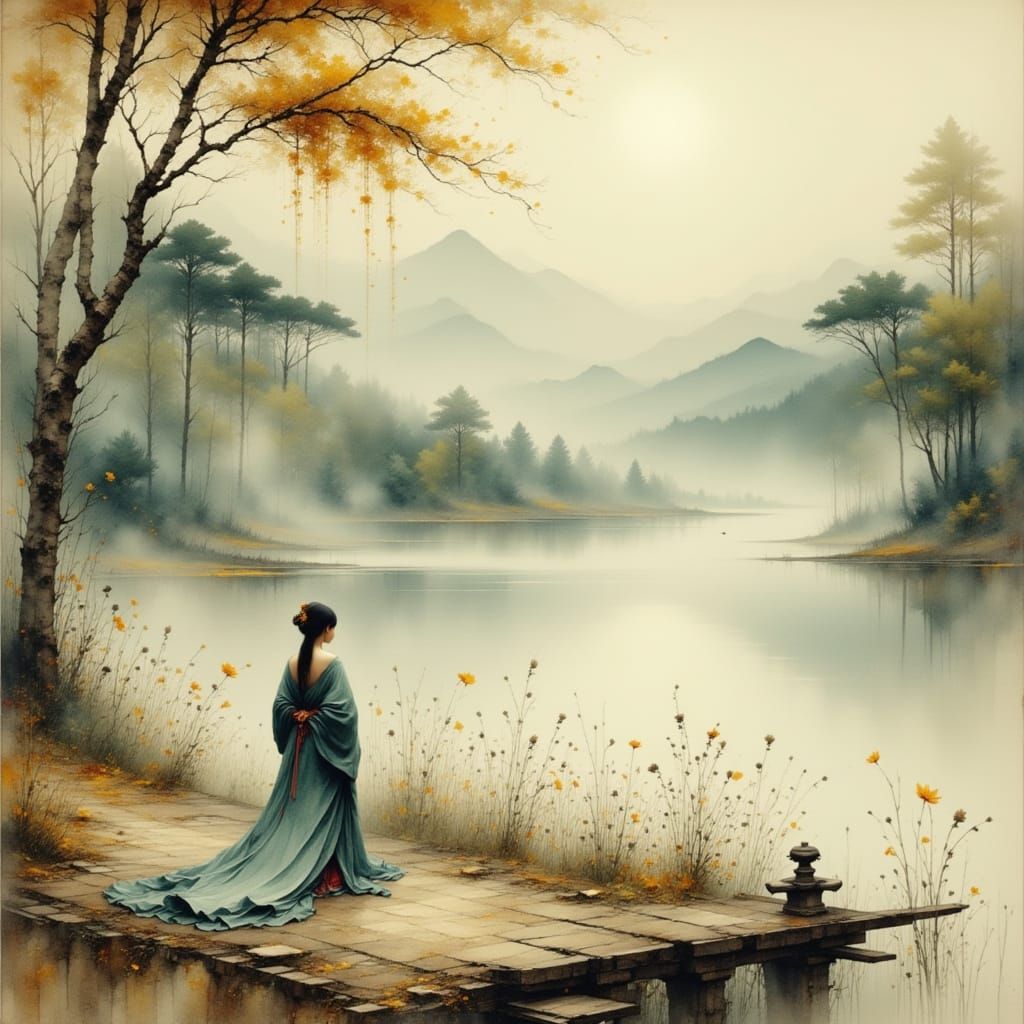 Serene Woman in Hanfu by Misty Lake