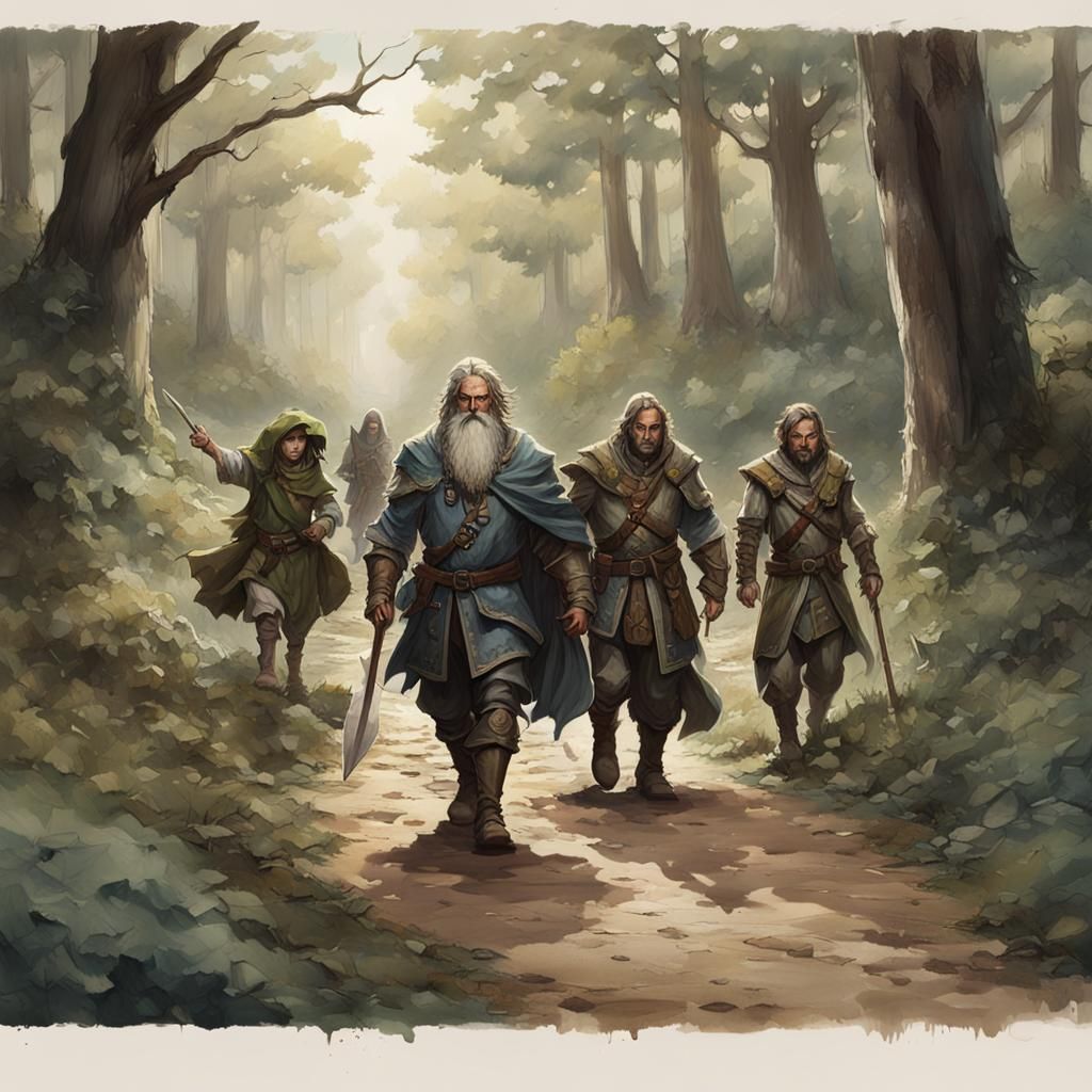 Fantasy Fellowship Travels Down Forest Path