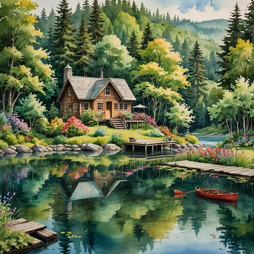 Secluded Lake Cabin in Watercolor and Ink